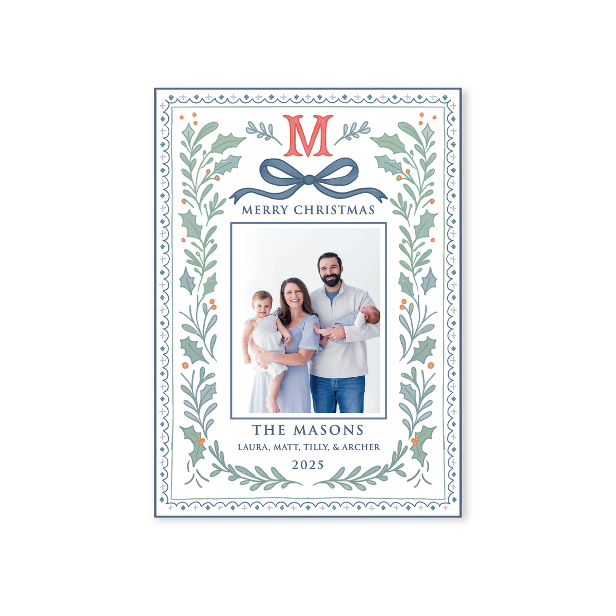 Holly Frame Monogram Christmas Card