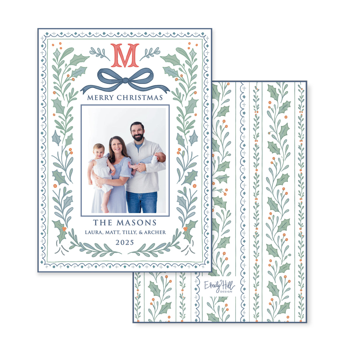 Holly Frame Monogram Christmas Card